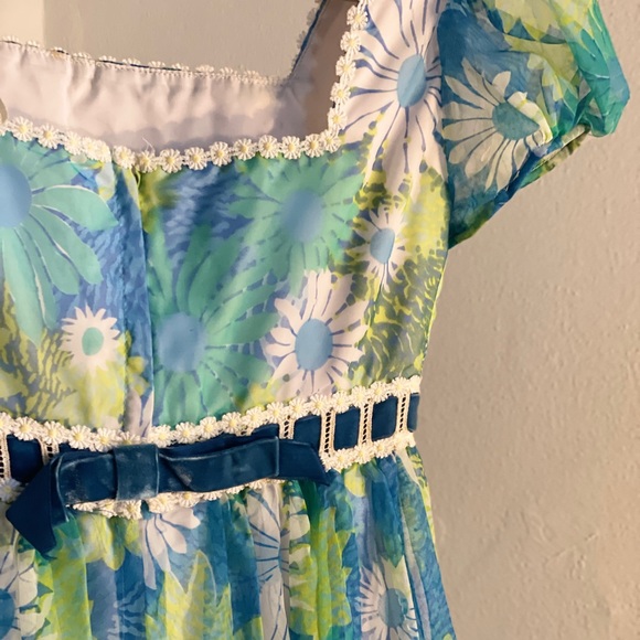 Vintage 1960’s Floral Teal Blue Chiffon Maxi Dress - Picture 10 of 13